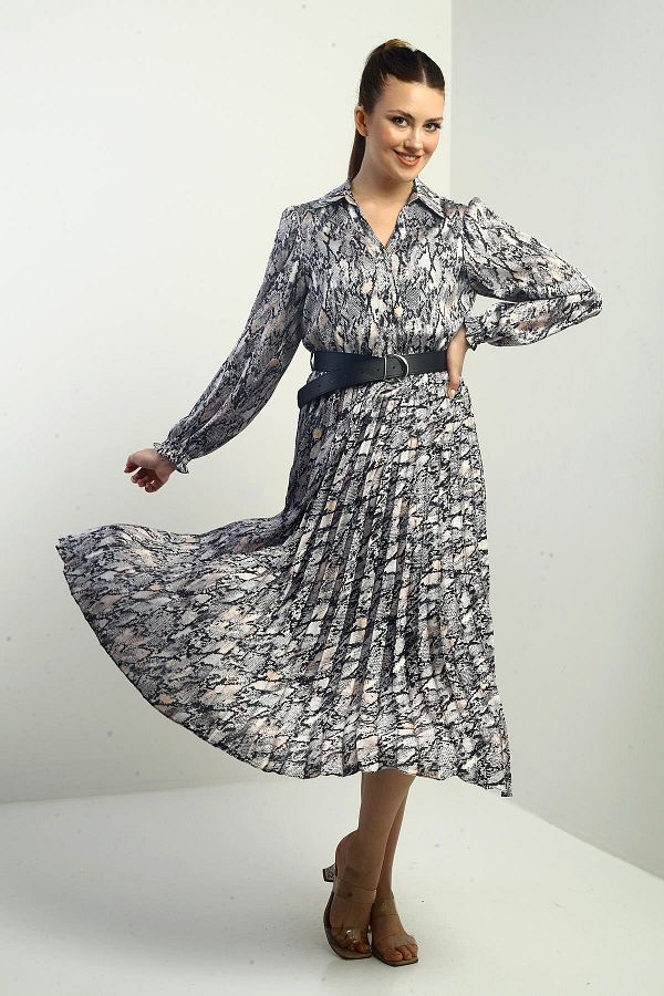 By Saygı-Women Front Half Buttoned Belted Lined Snake Pattern Pleated Midi Satin Dress 1