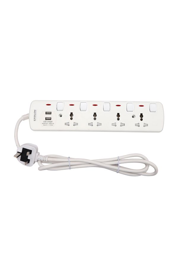 KRYPTON-Epsilon 4 Way Extension Socket with Individual Switches- ES1108| 2 Way USB Ports,2 M Cord 1