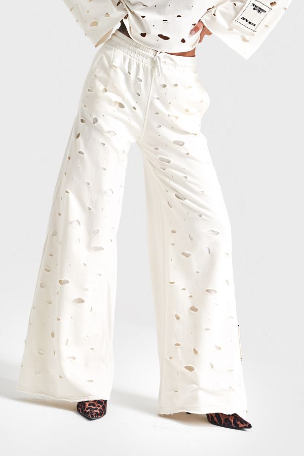 its basic-Women's Ecru Color Palazzo Fit Ripped Detailed Knitted Fabric Design Trousers 1