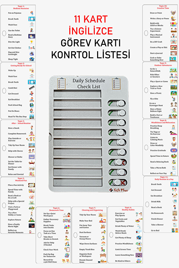 gift plus İngilizce Ahşap Kontrol Yapılacaklar Listesi 11 Farklı Görev Kartı