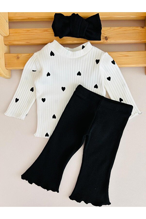 eymwes Kız Bebek Ve Çocuk Bandanalı Kalpli İspanyol Paça Taytlı Takım