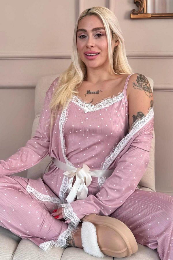 Pijamaevi-Pink Point Patterned Pegasus Pajama Set with Dressing Gown 1
