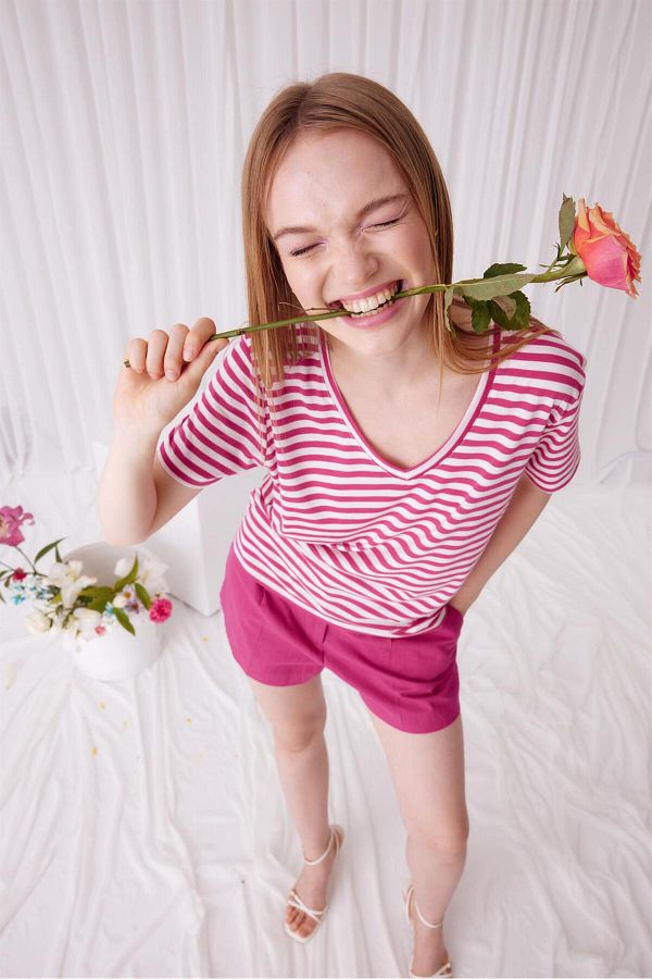 TUBİA-Women's Fuchsia Color Striped Short Sleeve T-Shirt 1