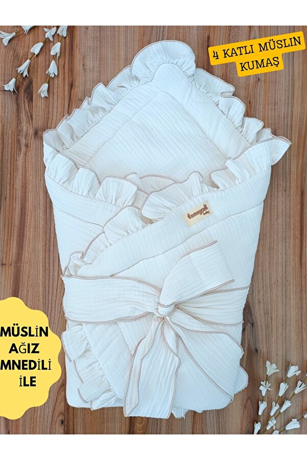 Tomuycuk 4 Katlı Müslin Bebek Battaniyesi Ekru Kız Erkek Bebek Dış Kundak Hastane Çıkışı Hediyelik Yenidoğan