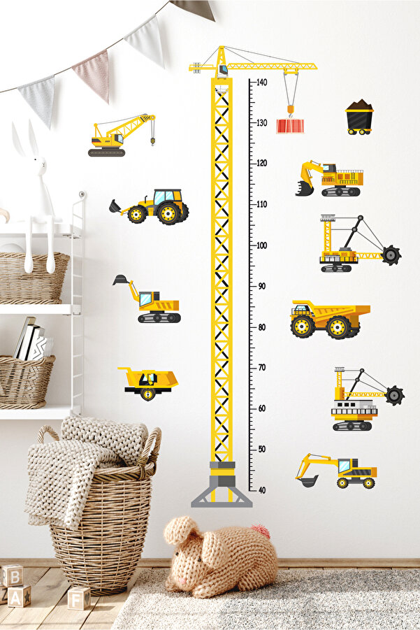 Sticker Sepetim Vinç ve Minik İş Makineleri Boy Ölçer Çocuk Odası Duvar Sticker