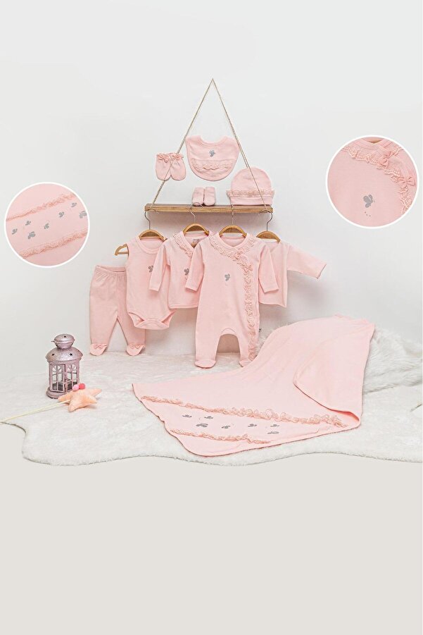 İmaj Kız Bebek Somon Dantelli Kelebekli 10’lu Hastane Çıkışı – %100 Pamuk Defne Sabunlu Yeni Doğan Seti