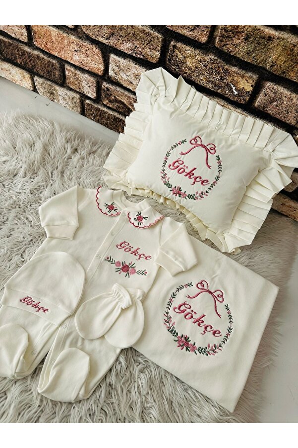 BEYCEY TASARIM Hastane Çıkış Seti NAKIŞLI  Yastık battaniye tulum şapka eldiven kişiye özel