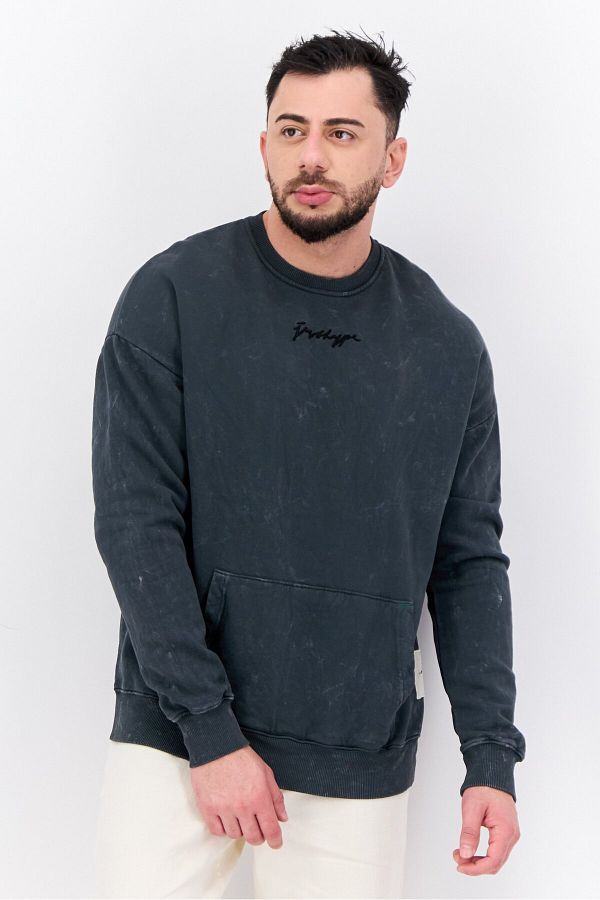 Just Hype x Jules-Men Crew Neck Washed Long Sleeves Sweatshirt, Dark Grey 1
