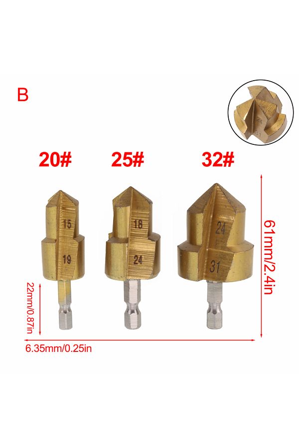 Choice-B 3pcs PPR Lifting Stepped Drill Bit Hexagon Shank Water Pipe Connection Tool 20/25/32mm Chamfering. 1