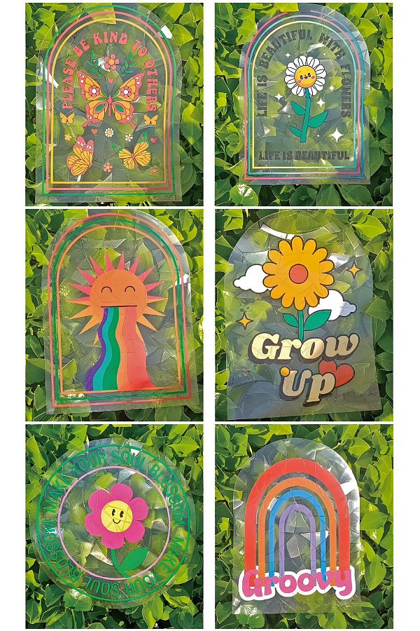 Buka Shops-Retro Flower and Rainbow Sticker Set - 6Pcs Holographic Sun Catcher Positive Message 1