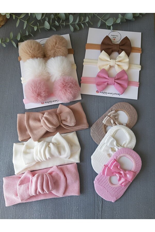 pempem bandana Kız bebek ponpon bandana babet çorap fiyonk bandana set