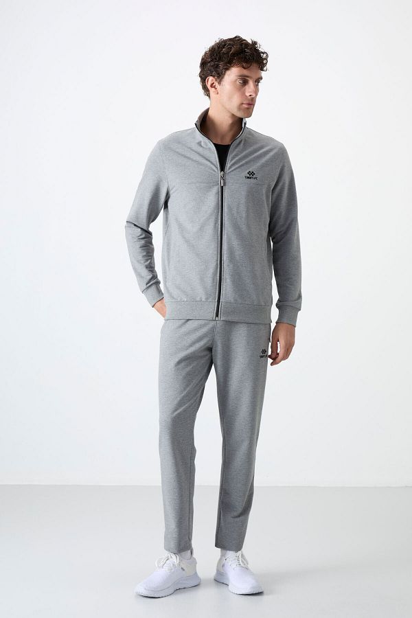 TOMMY LIFE-Grey Melange Stand Collar Zippered Comfortable Form Classic Leg Men's Tracksuit Set - 85072 1