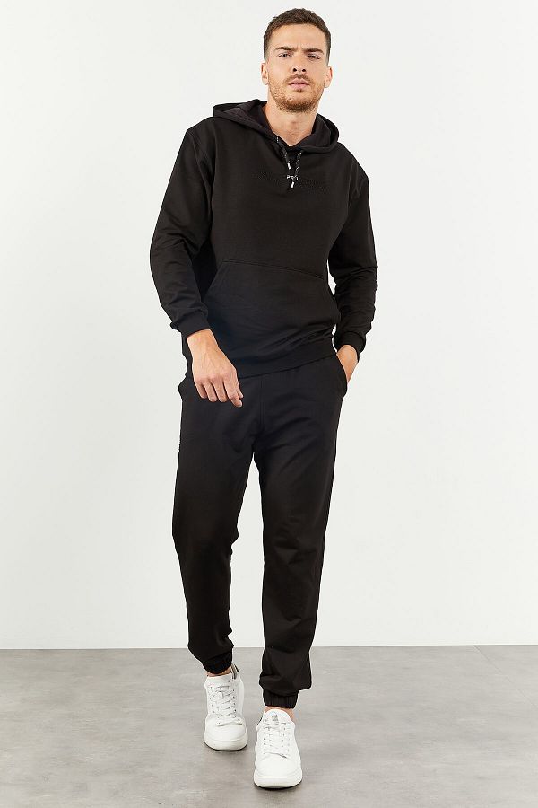 TOMMY LIFE-Σετ ανδρικής φόρμας oversize με μαύρη κουκούλα καγκουρό με λαστιχένια τσέπη - 85117 1