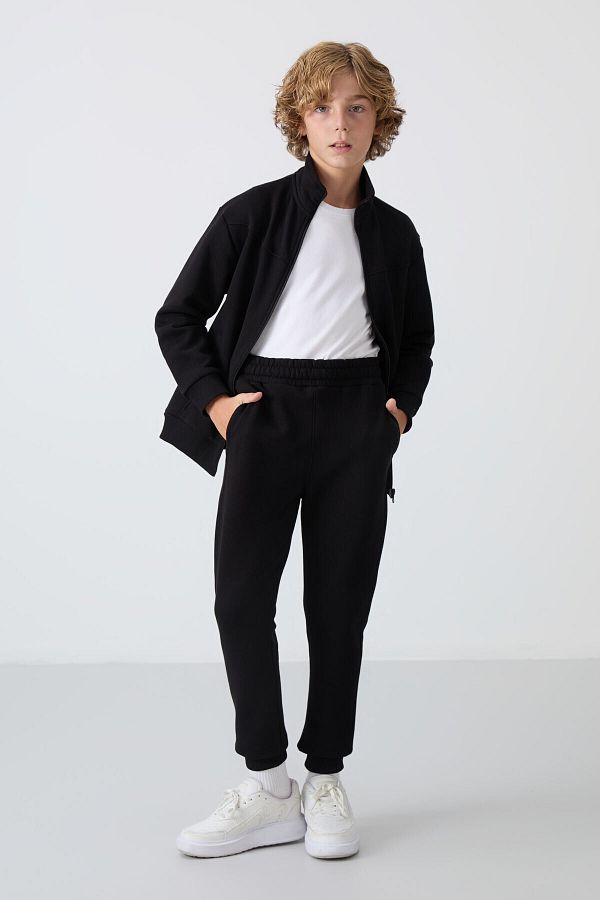 TOMMY LIFE-Boy's Tracksuit Set - Black Cotton, Thick Fur Inside, Soft Textured Embroidery - 11240 1