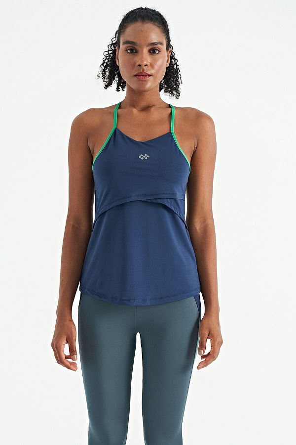 TOMMY LIFE-Tricou sport Indigo pentru femei - Detaliu curea încrucișată pe spate, potrivire standard - 97261 1