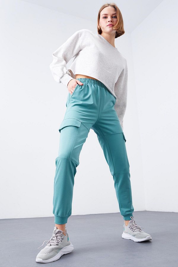 TOMMY LIFE-Mint Green Cargo Pocket Comfortable Form Cuffed Women's Tracksuit Bottom - 94581 1