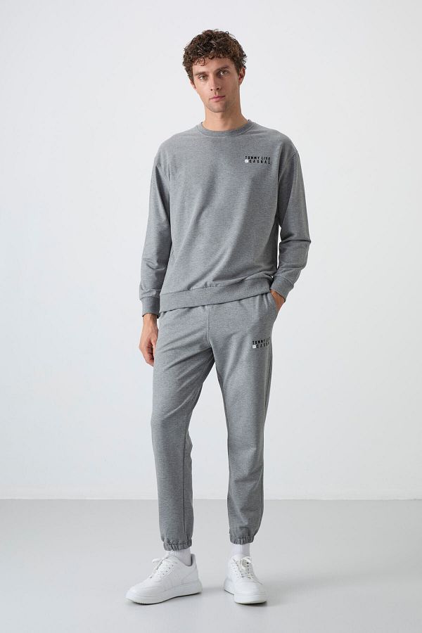 TOMMY LIFE-Men's Oversize Cotton Tracksuit Set - Gray Melange, O Neck, Rubberized Leg - 85120 1