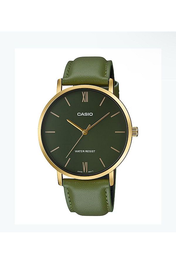 Casio-Casio Enticer Analog Watch with Leather Strap MTP-VT01GL-3BUDF - 33 mm - Green 1