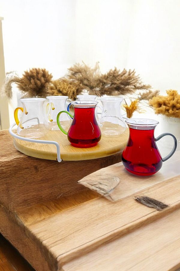 Kitchen Way-طقم كاسات زجاجية بمقابض ملونة 150 مل 6 قطع بوروسيليكات منقوشة 1