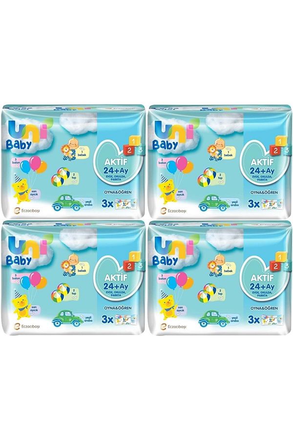 Uni Baby-Wet Towel Active - Play and Learn 52 Sheets (Set of 12) 624 Sheets (4Pk*3) 1