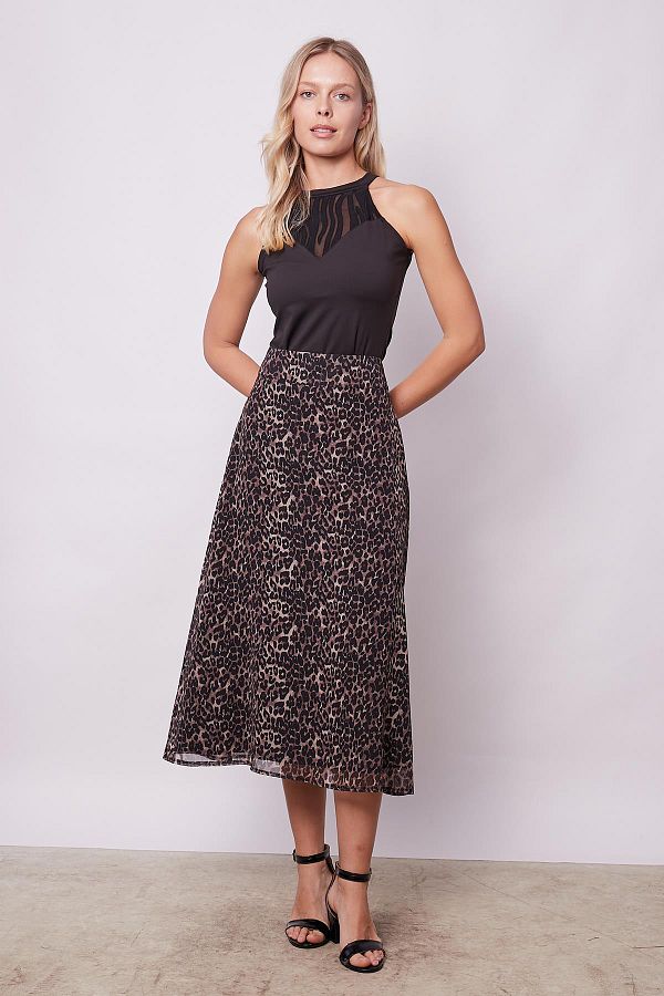 Jument-Women's Patterned Chiffon Lined High Waist Belted Midi Length Below Knee Long Bell Skirt-Leopard 1