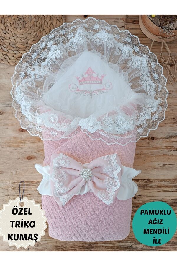 Tomuycuk Pudra Triko Örgü Kız Bebek Batttaniyesi Kundağı Dantelli Yenidoğan Hastane Çıkışı Hediyelik