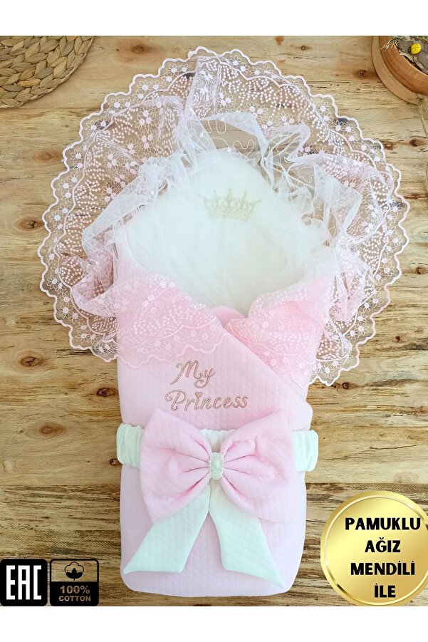 Tomuycuk Kız Bebek Kundağı & Battaniyesi - Pembe & Dantelli Hastane Çıkışı & Mevlütlük - %100 Pamuklu