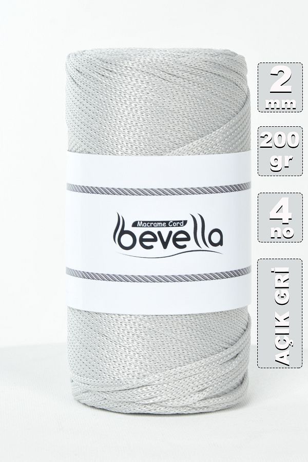 Bevella Macrame Cord-2 مم - 200 جرام خيط بوليستر رمادي فاتح وخيط حقيبة 1