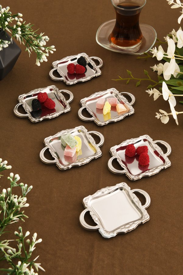 AKSESUAR EVRENİ Tador Minimal Coffee Side Square Presentation Bowl with Handles Silver Set of 6