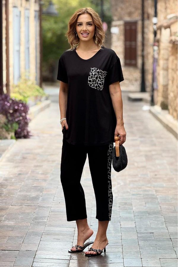 Nevin Kaya Moda-Black Cotton Capri Suit with Chest Pocket 1