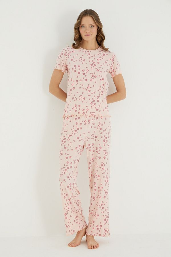 İPEKTENİM-Mini Floral Patterned Text Detailed Ornamental Stitched Pajama Set 1