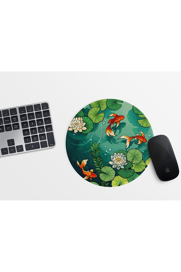 Akumastik-Goldfish Water Lily Patterned Round Mousepad 20cm - Japanese Style 1