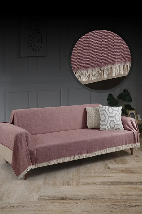 LADYNİL-100% Cotton Fringed Sofa Cover 180X300 cm Claret Red 1