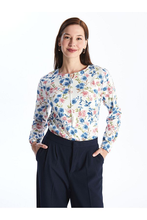 LC Waikiki-Tie Collar Patterned Long Sleeve Women's Blouse 1