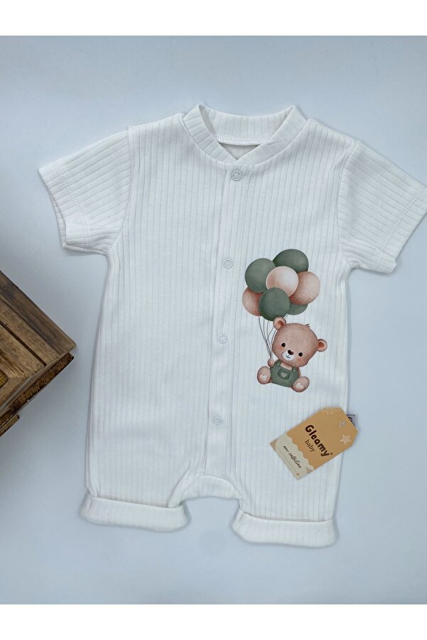 Gleamy Bebe Kids Uçan Balonlu Ayıcık Desen ÇıtÇıtlı Kısa Kollu Şort Tulum(Zıbın) %100 Pamuk