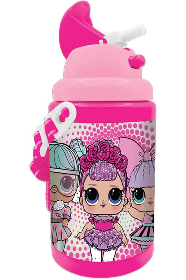 LOL-L.O.L Plastic Water Bottle with Straw and Strap for Kid, 450 ml Capacity, Pink 1