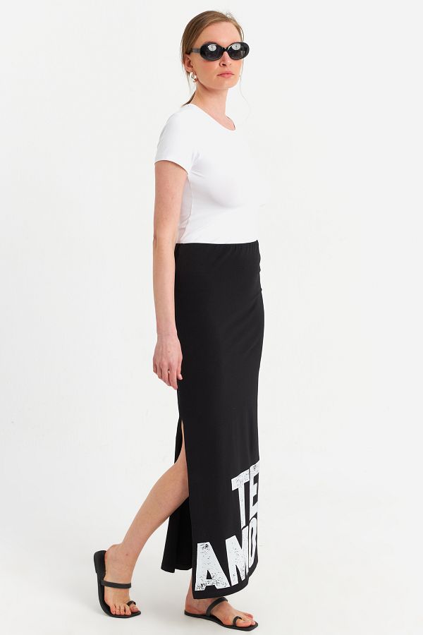 Cool & Sexy-Women's Black Printed Slit Midi Skirt Tpg09 1