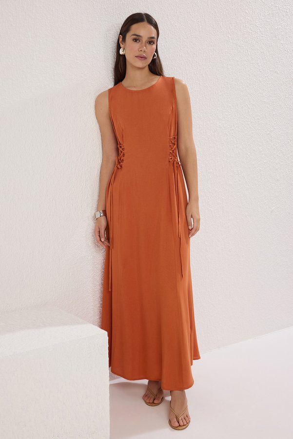 Trendyol Collection Brown Plain A-Line Maxi Woven Dress with Eyelet Detail Twoss25El00552