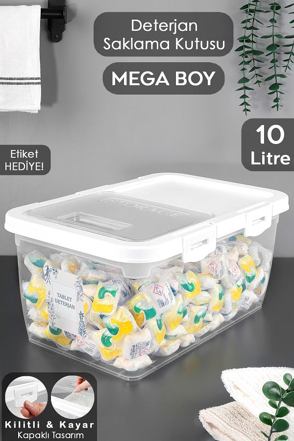 Meleni Home-1 Piece Labelled Detergent Storage Box - Sliding Lid with Lock Tablet Powder Detergent Container 10 Lt White 1