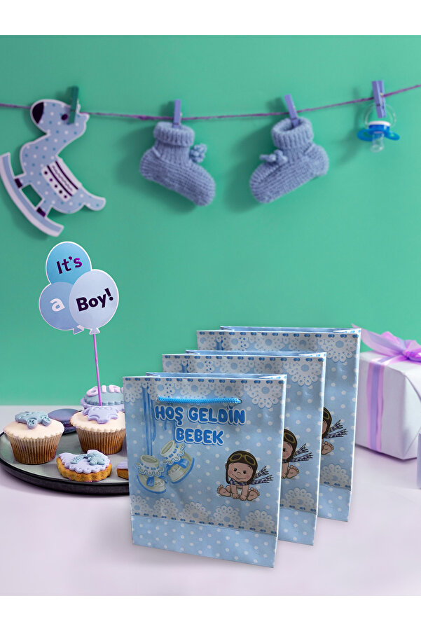 Parti Atölyesi 25 Adet 14-17-6 CM Ölçüsünde Kartondan Mavi Baby Çanta Doğum Odası Süslemesi