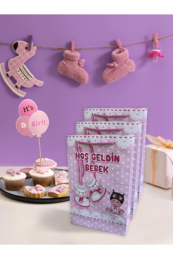 Parti Atölyesi 25 Adet 17-26-7 Cm Ölçüsünde Kartondan Pembe Baby Çanta Doğum Odası Süslemesi