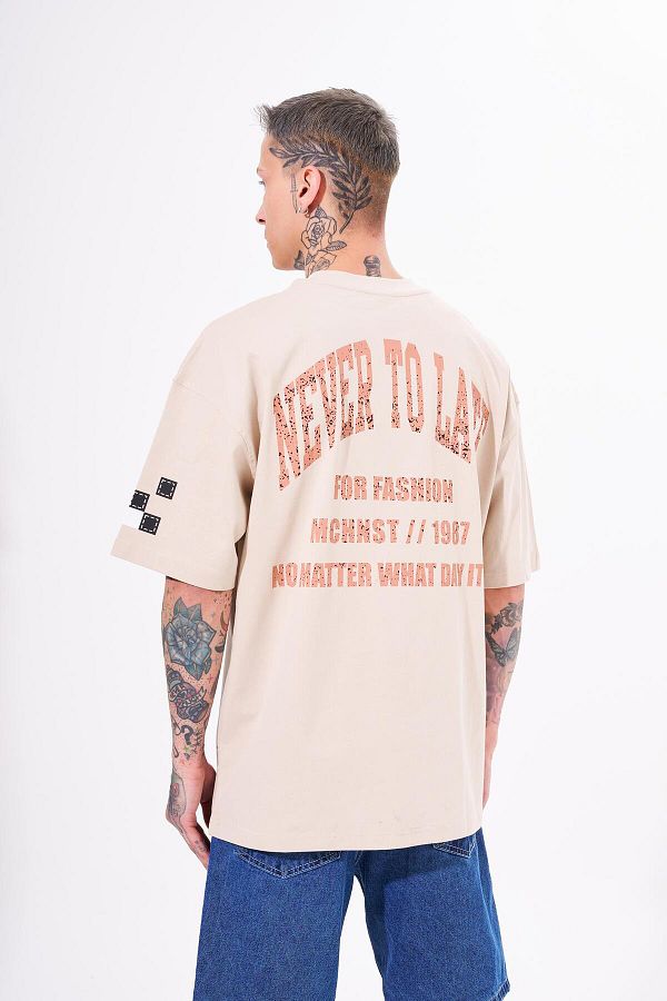 Machinist-Men's Never to Late Printed Oversize Light Beige T-shirt 1