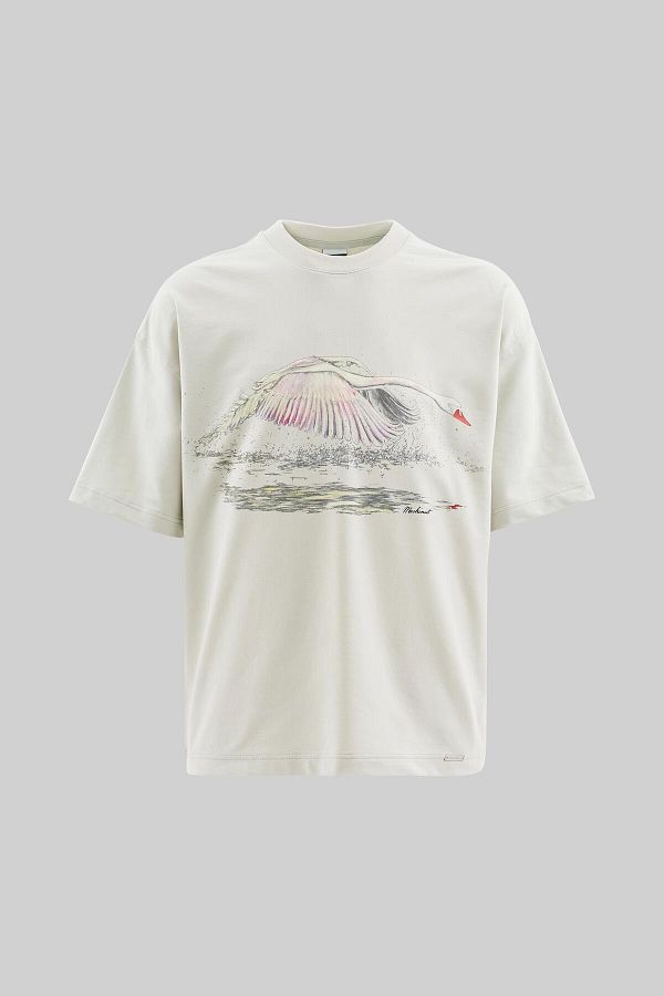Machinist-Men's Swan Printed Oversize Space Gray T-Shirt 1