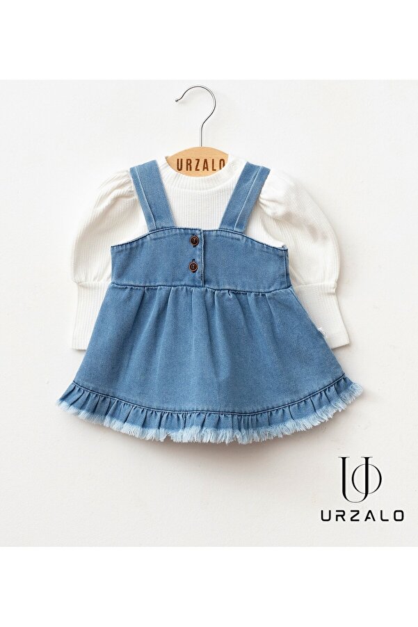 Little Baby URZALO Püsküllü Kız Bebek Kot Jile Elbise %100 Pamuk Likralı Ribana Balon Bluz Lüks Jean