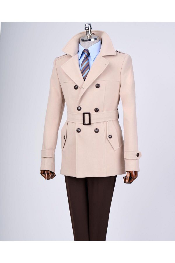 TerziAdemAltun-Men's Italian Style Beige Short Stamp Trench Coat Coat - T13324 1