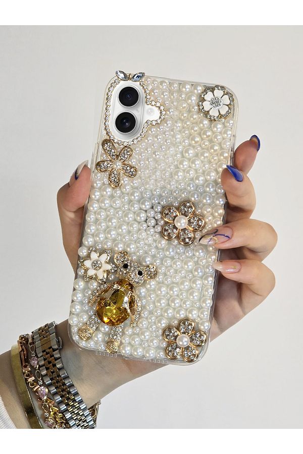 OSG-iPhone 16 Plus Compatible Premium Protective Phone Case with Pearls and 3d Character Handmade Stone 1
