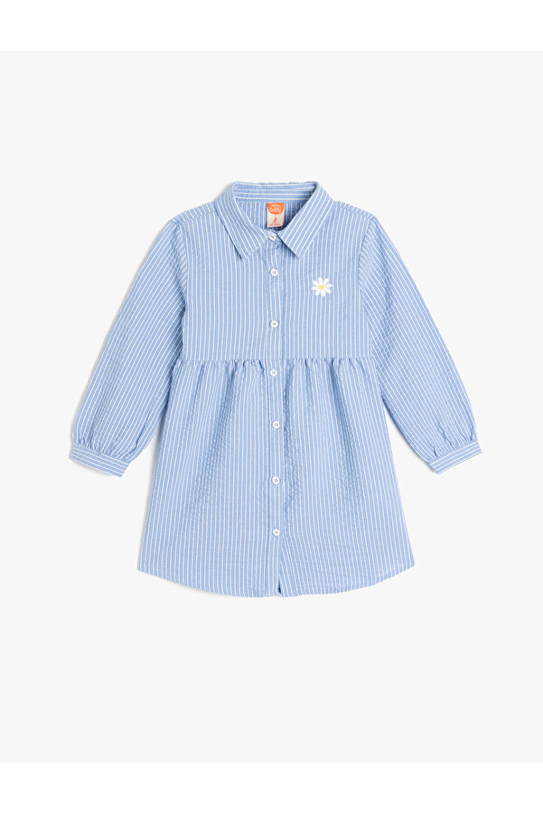 Koton Gömlek Yaka Uzun Kollu Nakış Detaylı Çizgili Elbise