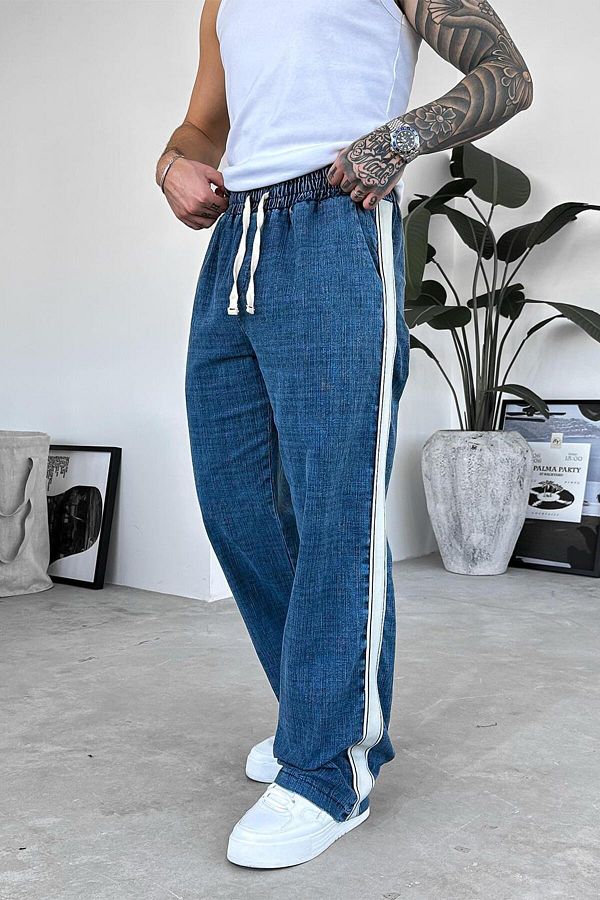 HAFKAGİYİM-Navy Blue Elastic Waist Stripe Detail Premium Baggy Trousers 1