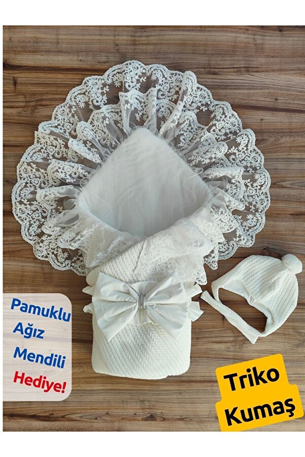 Tomuycuk Triko Örgü Kız Erkek Bebek Batttaniyesi Kundağı Şapkalı Dantelli Yenidoğan Hastane Çıkışı