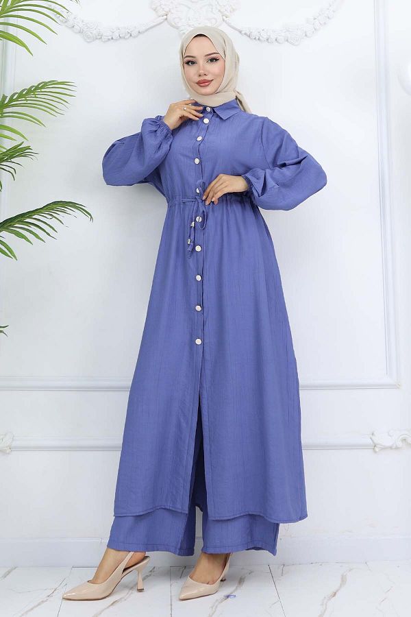 benguen-Side Slit Detailed Tunic Trousers Set Indigo 4770 1